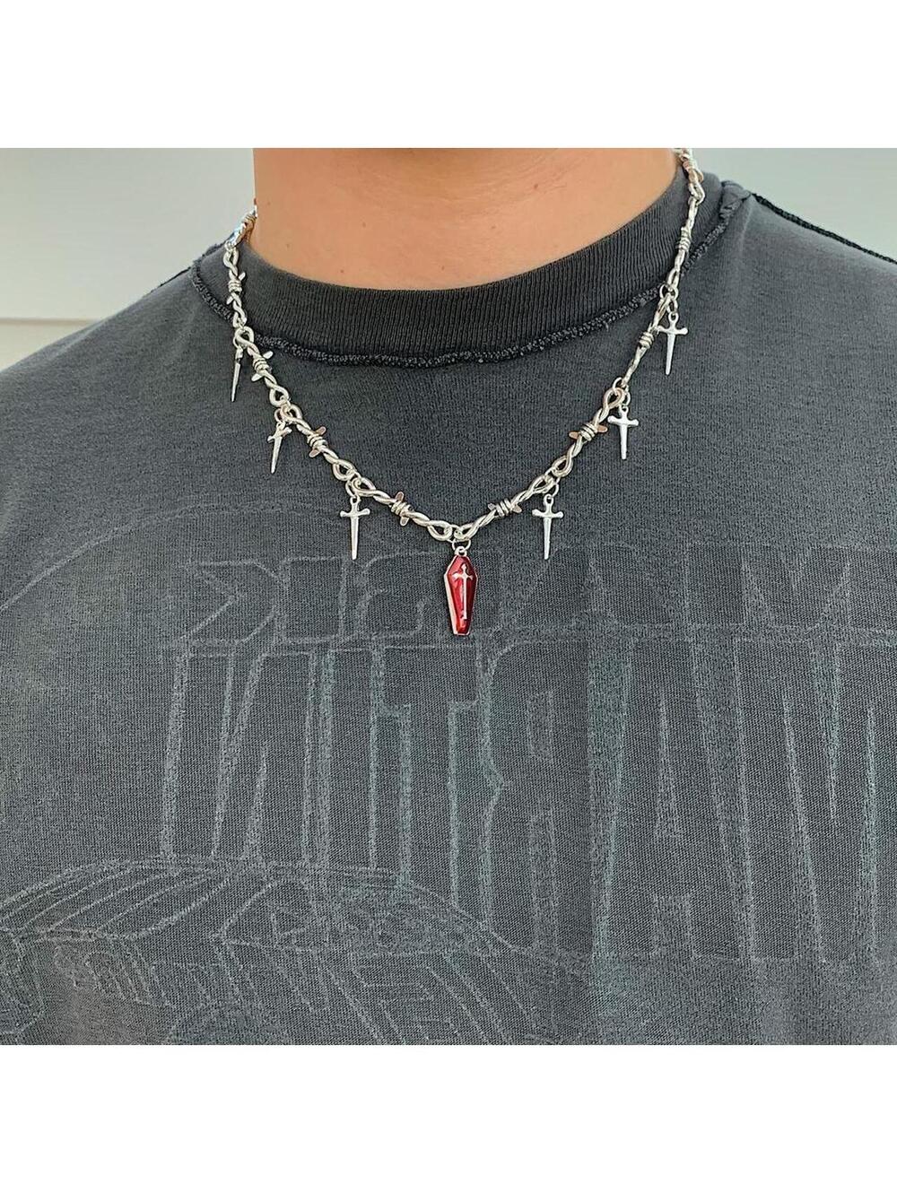 Y2k Cyber 2000s punk barbed wire knife cross red coffin pendant emo grunge